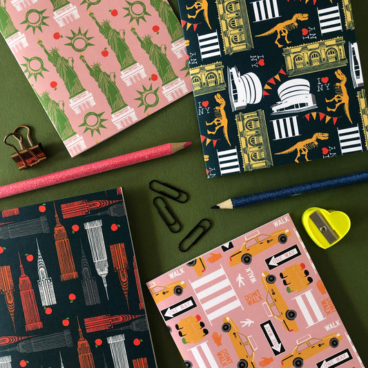 Image shows a set of 4 graphic notecards inspired by New York City.
