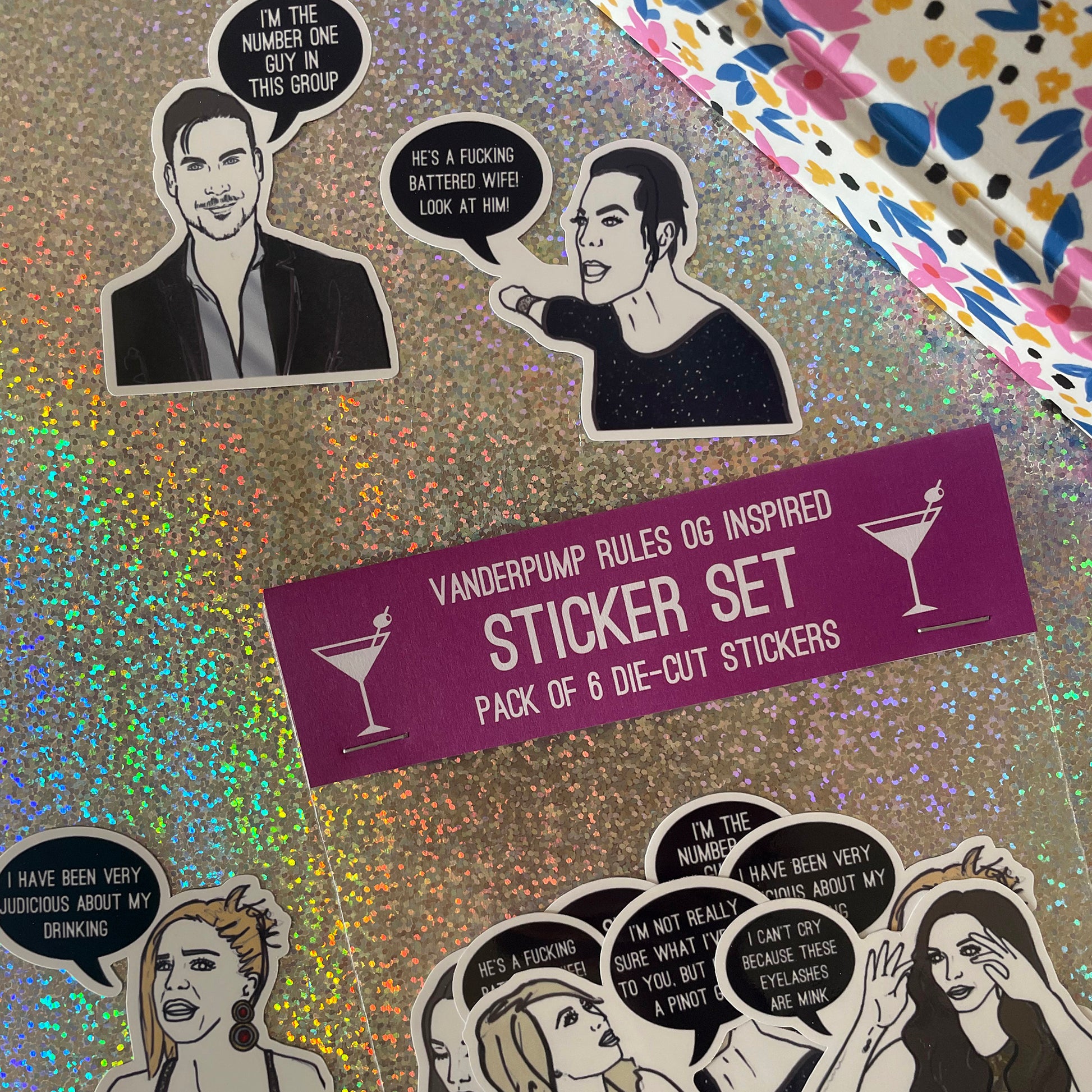 Image shows a collection of stickers inspired by the OG cast of reality tv show Vanderpump Rules