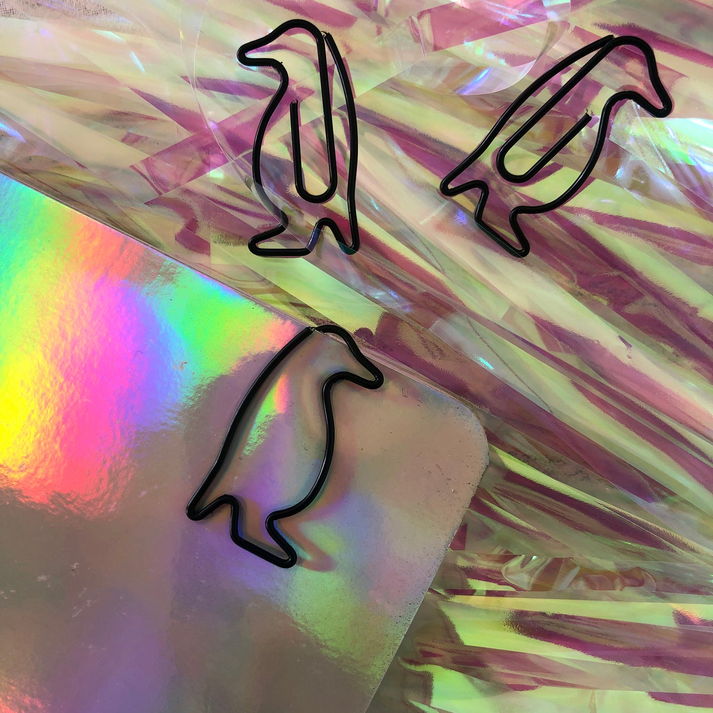 Image shows a set of black penguin shaped paperclips.