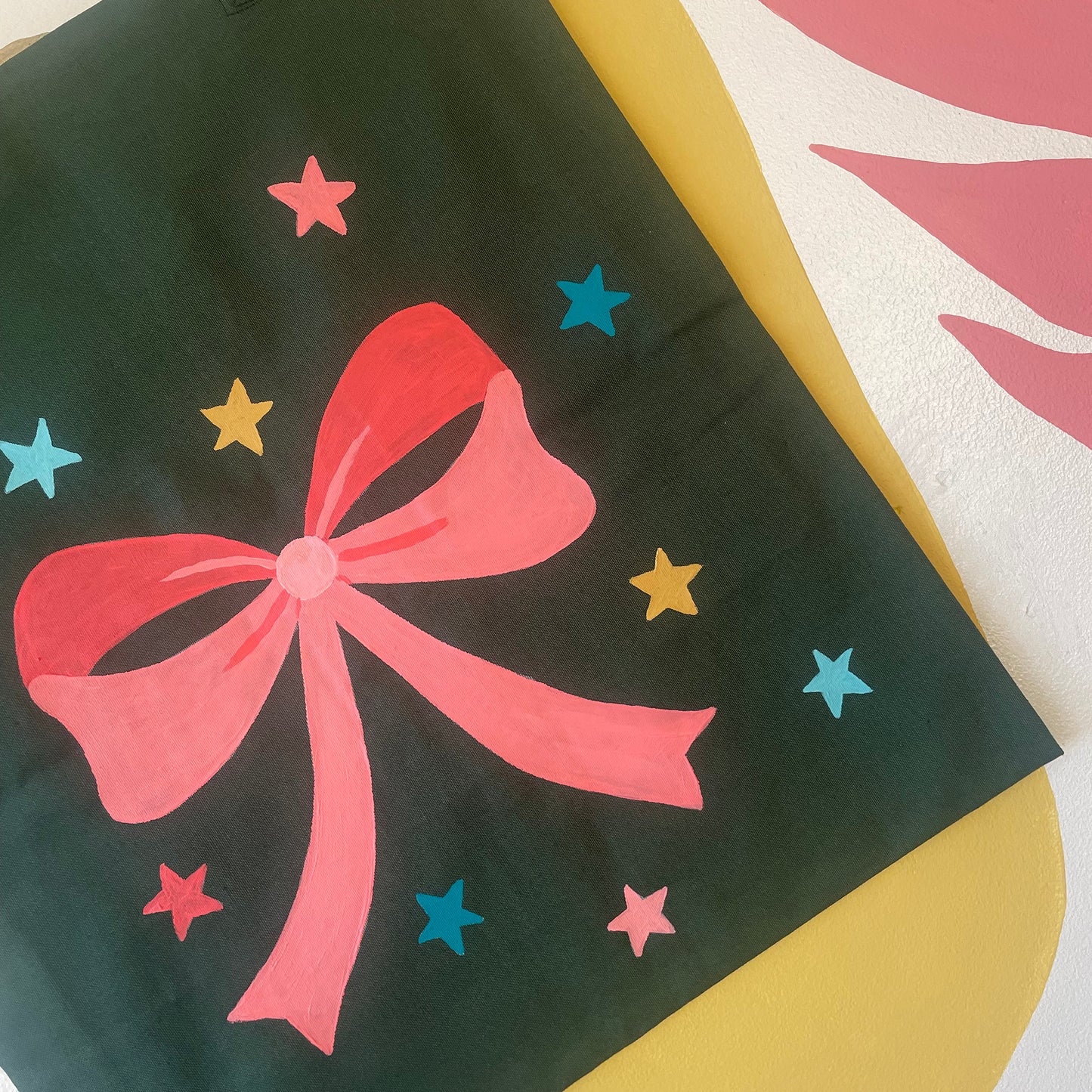 Bow - Hand Painted Green Canvas Tote Bag