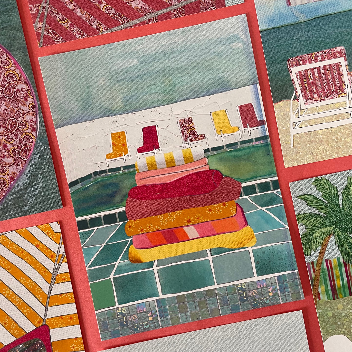 Illustration of a poolside featuring a stack of colourful towels and some chairs