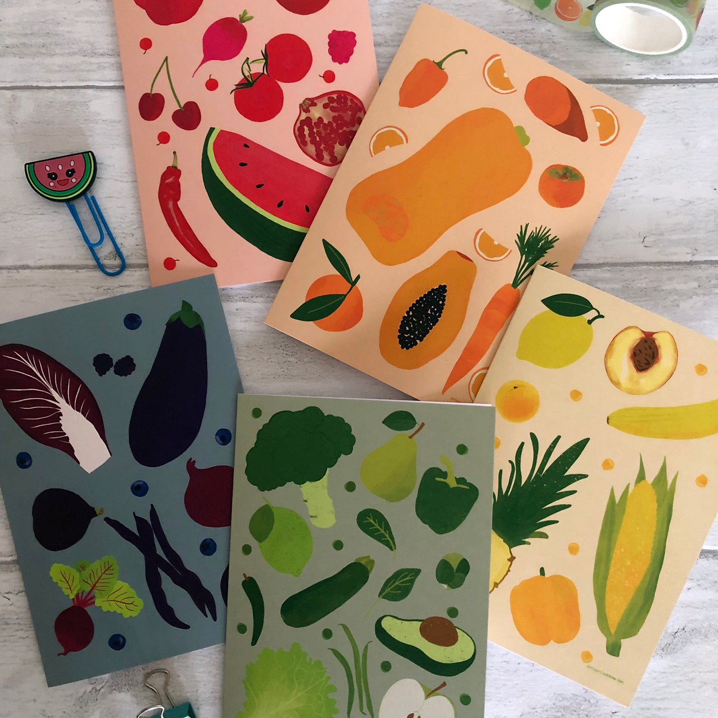 Image shows a set of 5 rainbow, illustrated notecards featuring fresh fruits and veggies..