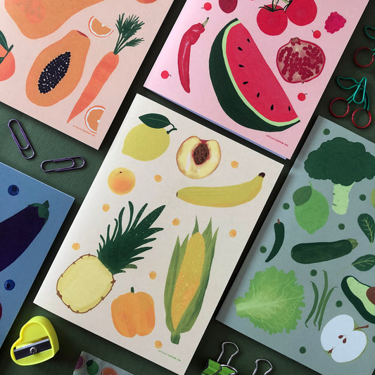 Image shows a set of 5 rainbow, illustrated notecards featuring fresh fruits and veggies..