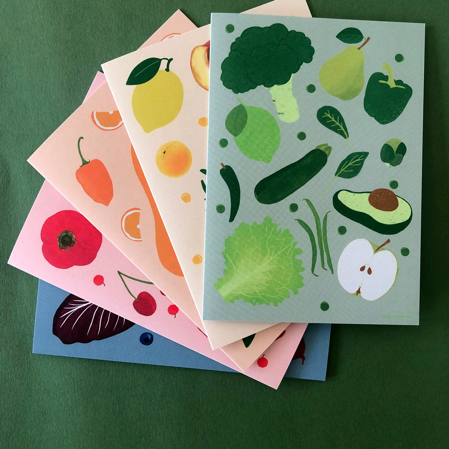 Image shows a set of 5 rainbow, illustrated notecards featuring fresh fruits and veggies..