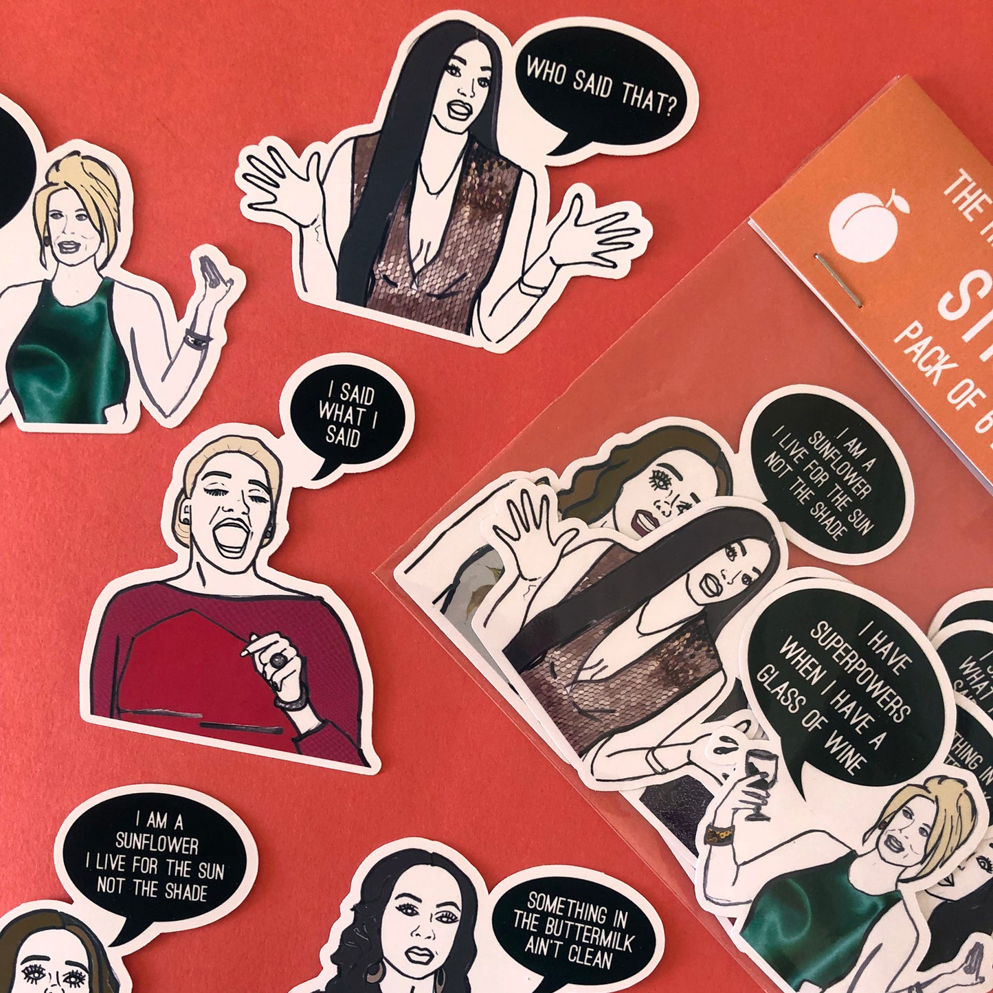 Image shows a fun set of stickers inspired by some of the former real housewives of Atlanta and their most dramatic quotes