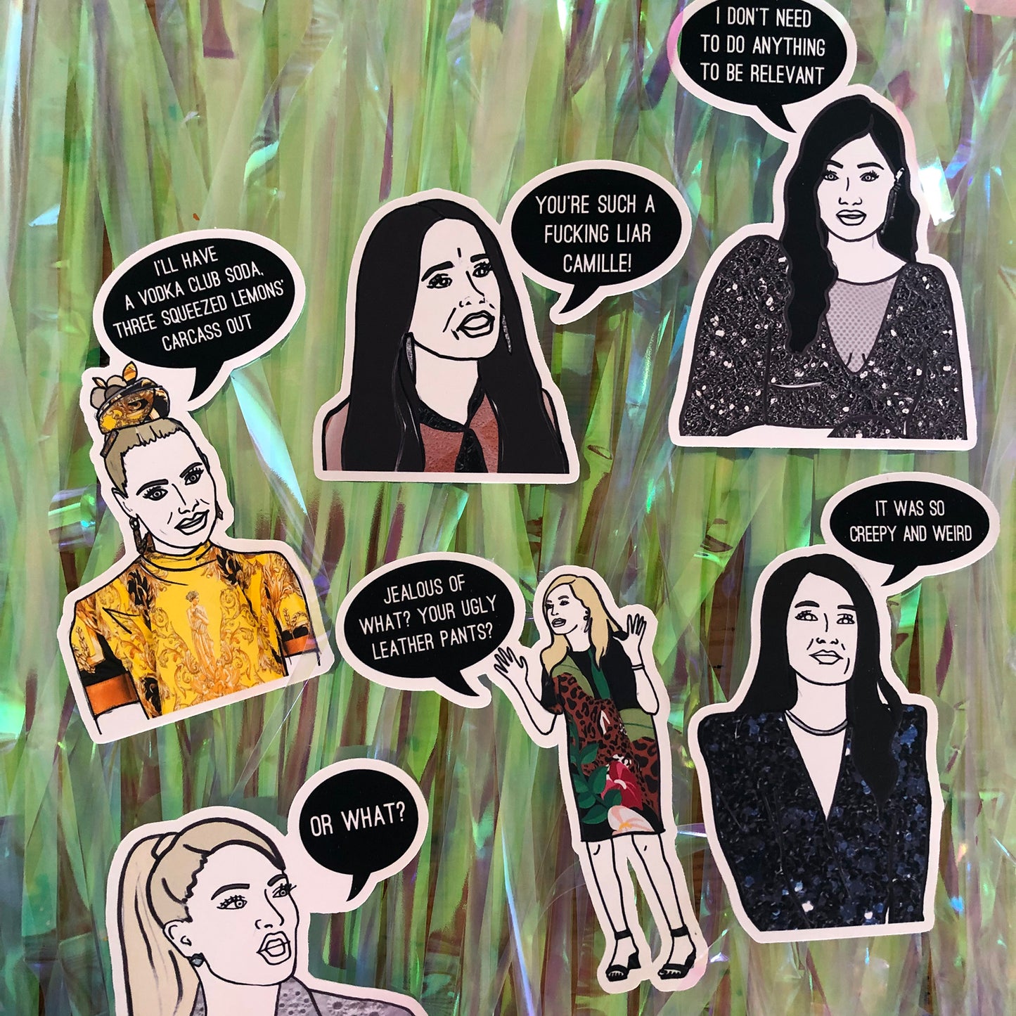 Image shows a fun set of stickers inspired by the real housewives of Beverly Hills and their most dramatic quotes