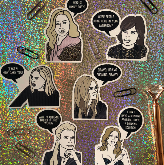 Image shows a fun set of stickers inspired by some of the former real housewives of Beverly Hills and their most dramatic quotes