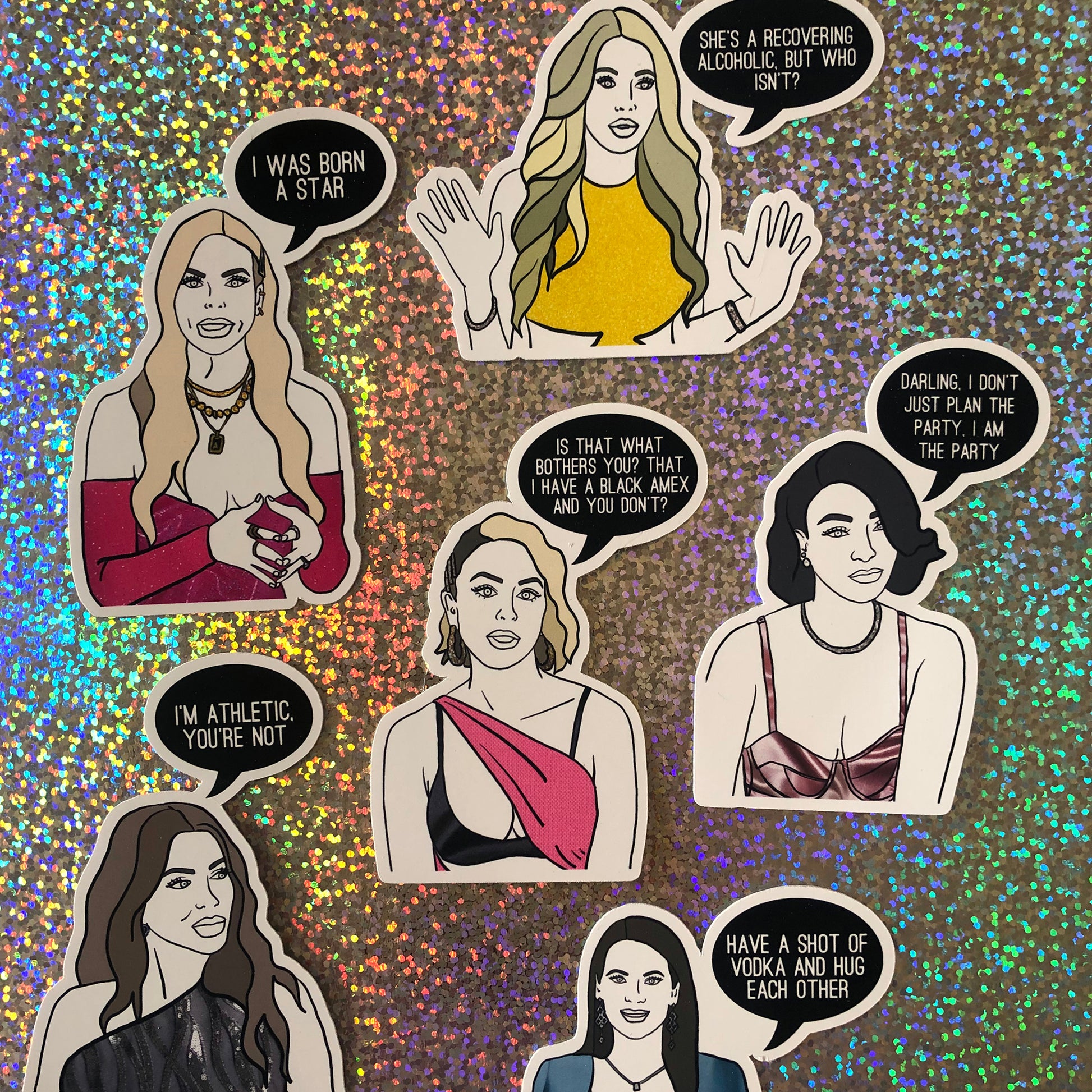 Image shows a fun set of stickers inspired by the real housewives of Miami and their most dramatic quotes