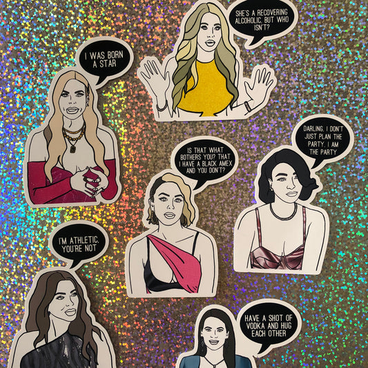 Image shows a fun set of stickers inspired by the real housewives of Miami and their most dramatic quotes