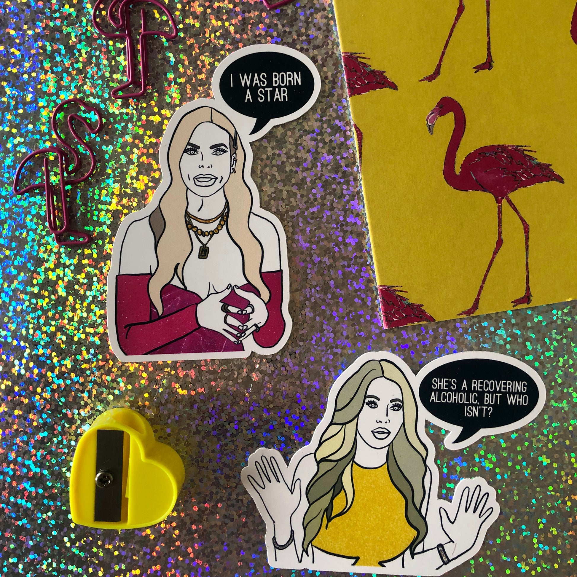 Image shows a fun set of stickers inspired by the real housewives of Miami and their most dramatic quotes