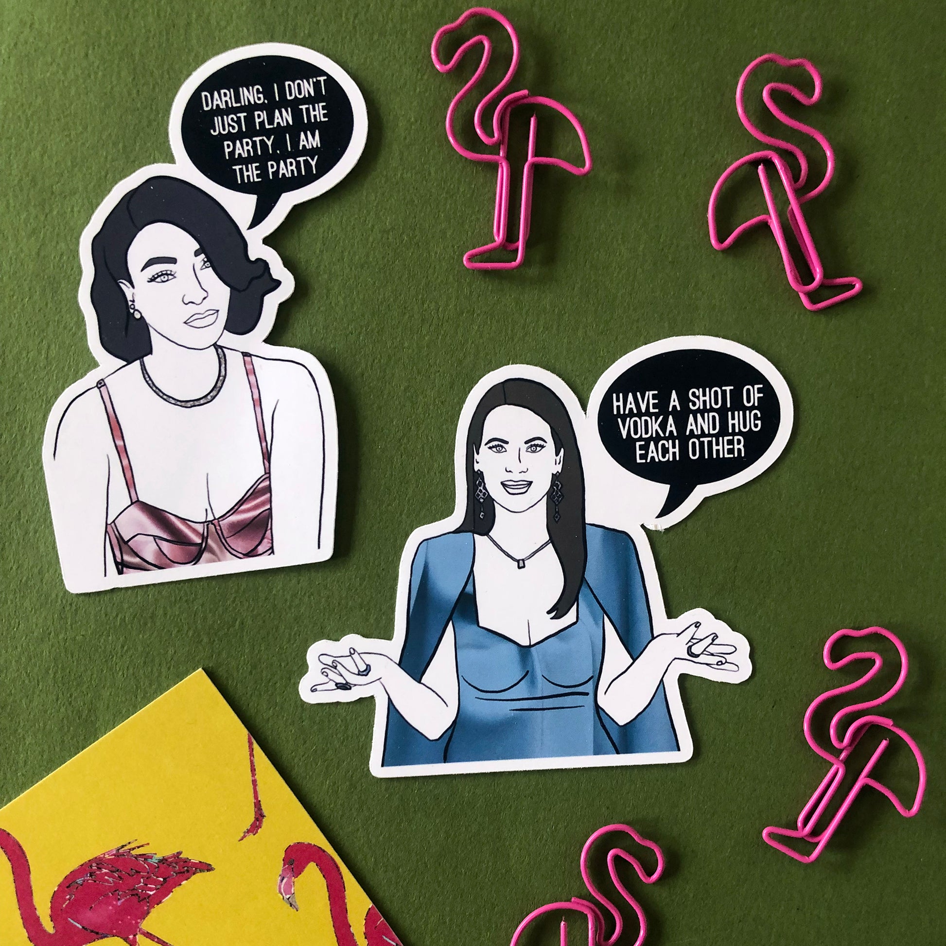 Image shows a fun set of stickers inspired by the real housewives of Miami and their most dramatic quotes