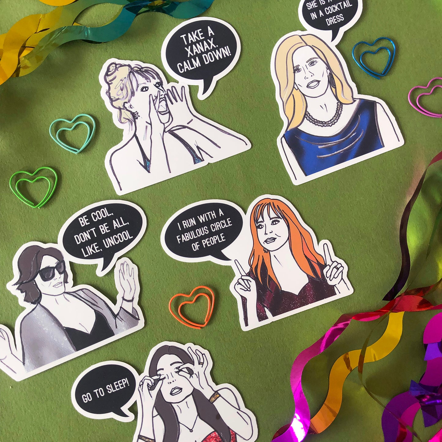 Image shows a collection of stickers inspired by the OGs from reality tv series the Real Housewives of New York