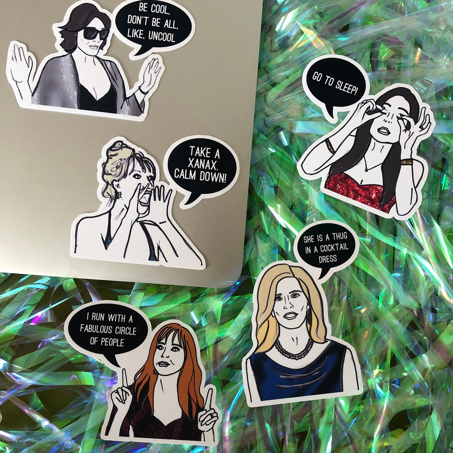 Image shows a collection of stickers inspired by the OGs from reality tv series the Real Housewives of New York