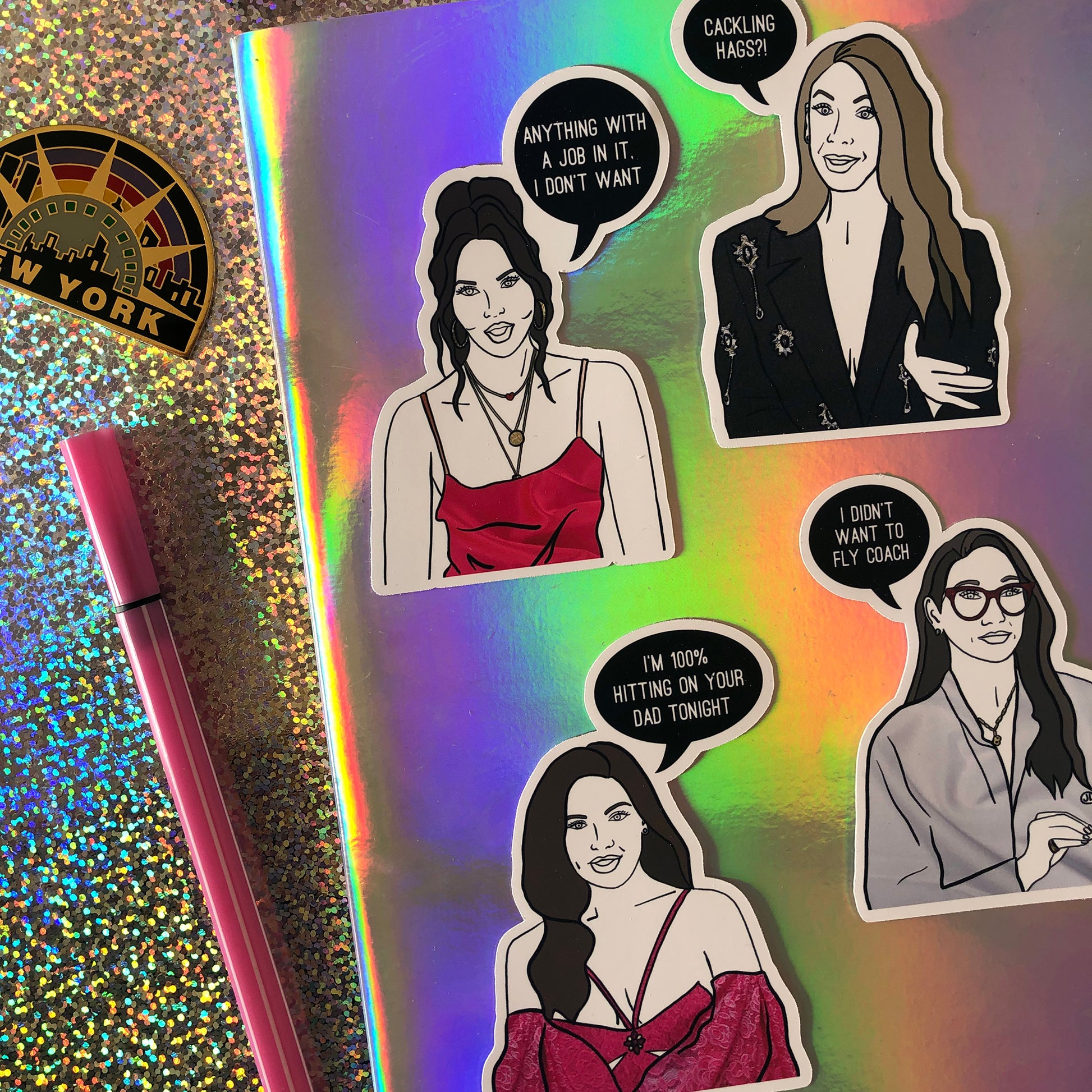 Image shows a collection of stickers inspired by reality tv series the Real Housewives of New York