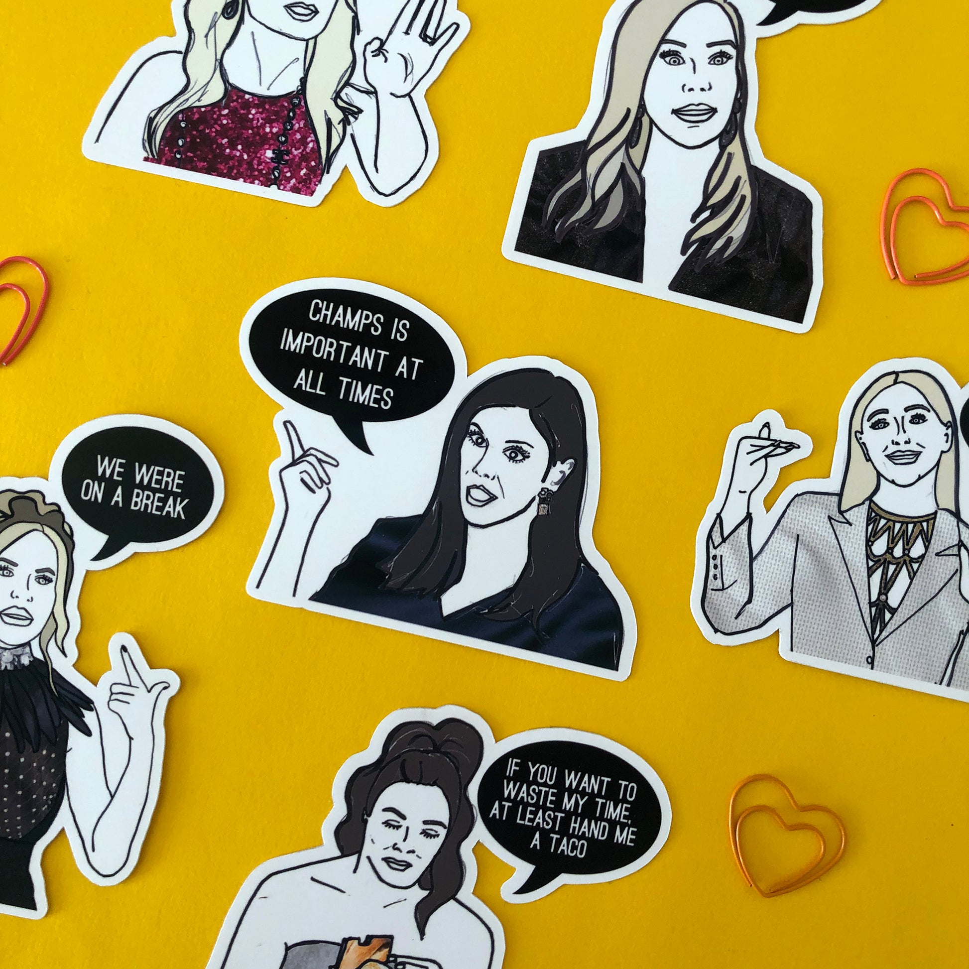 Image shows a collection of stickers inspired by the Real housewives of Orange County