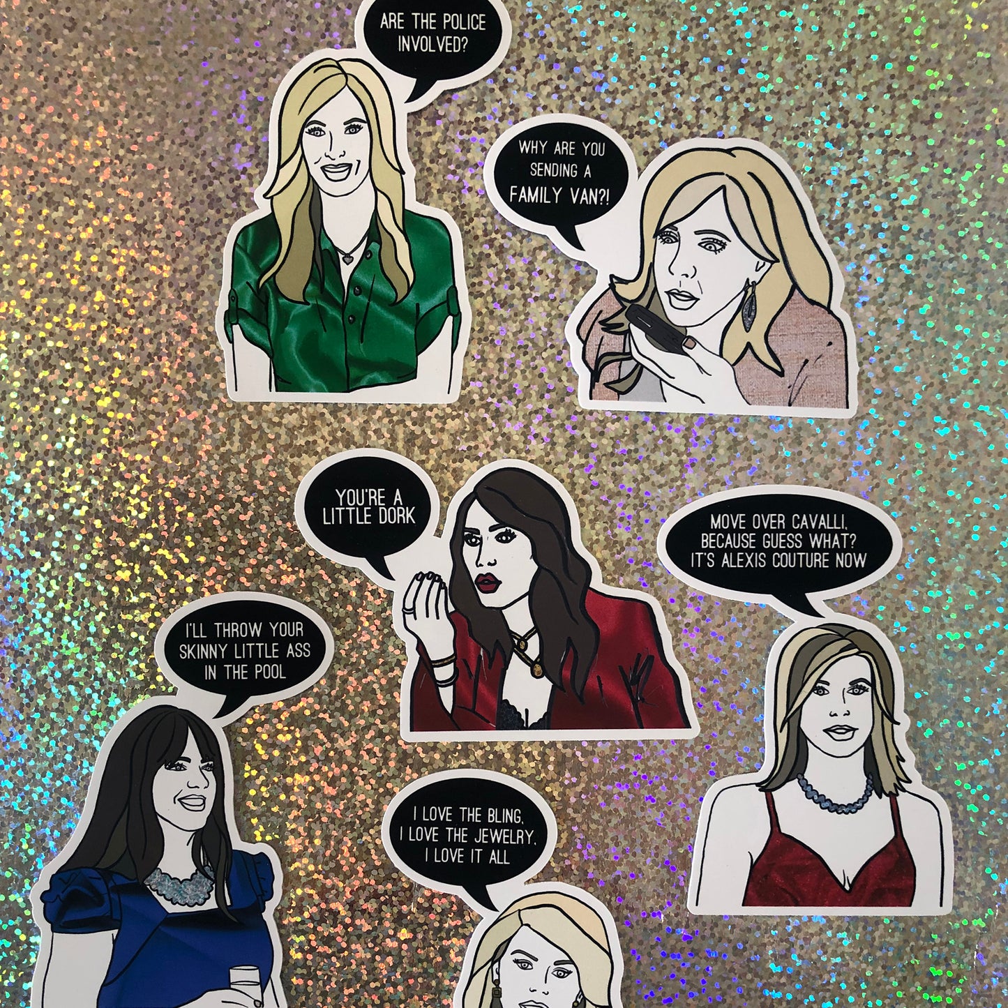 Image shows a collection of stickers inspired by former Real housewives of Orange County