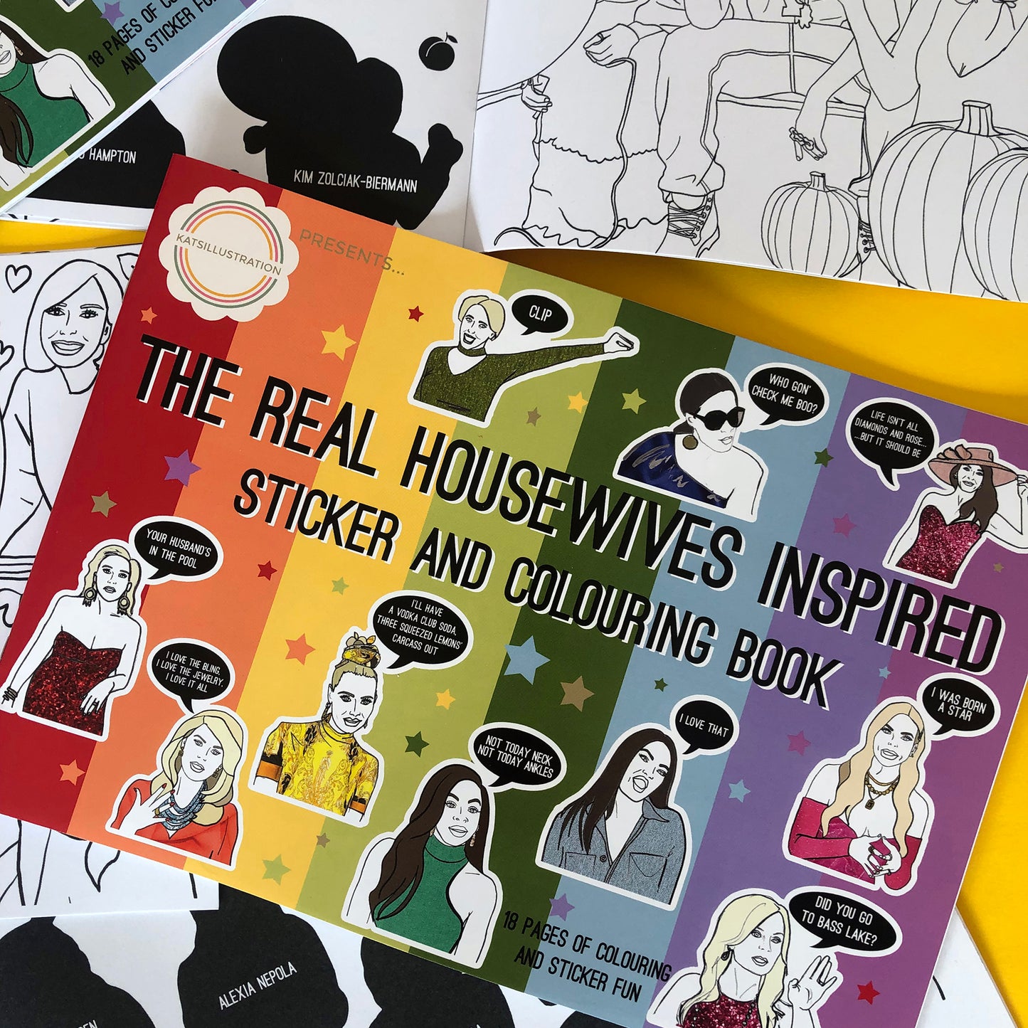 Image shows a sticker and colouring book inspired by The Real Housewives