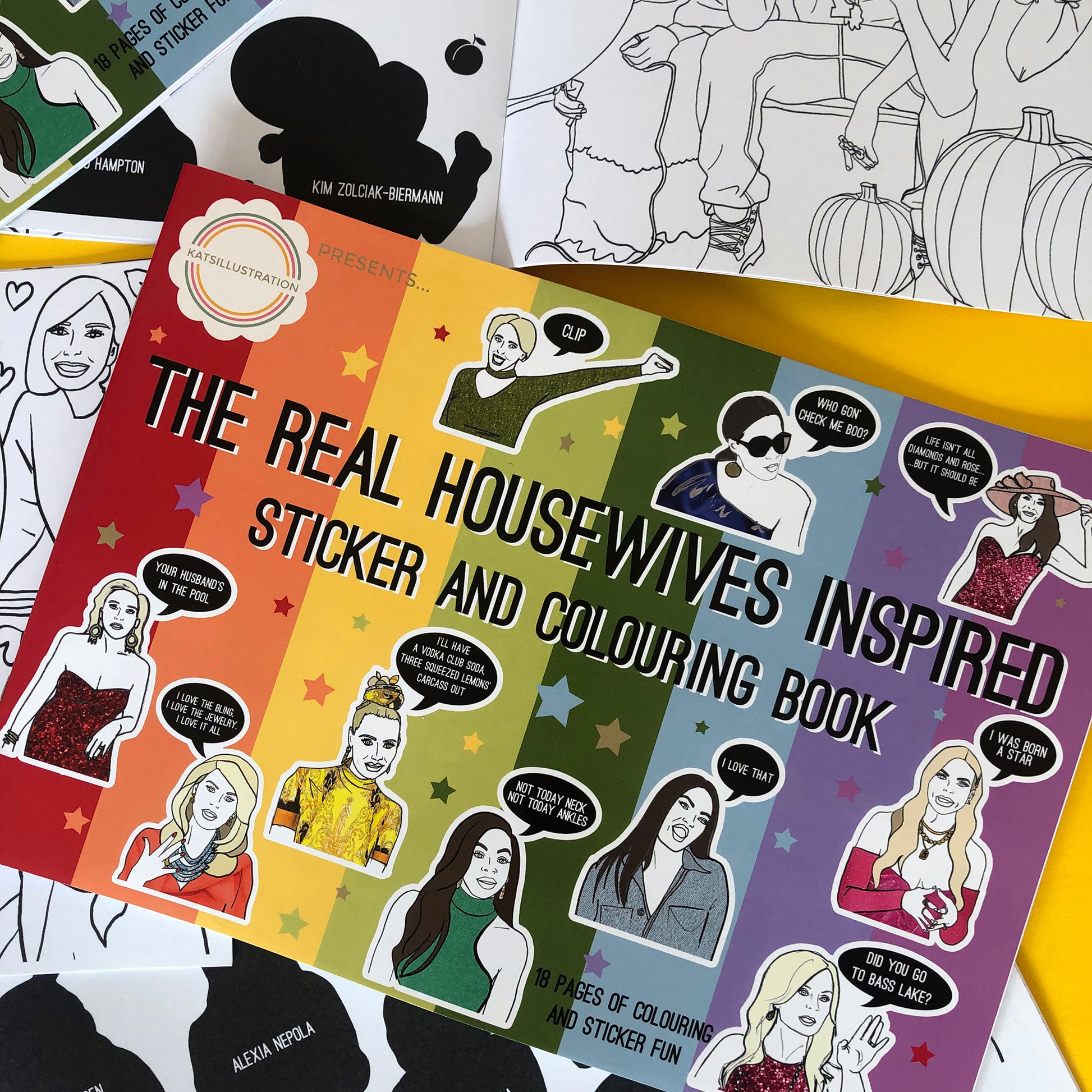 Image shows a sticker and colouring book inspired by The Real Housewives