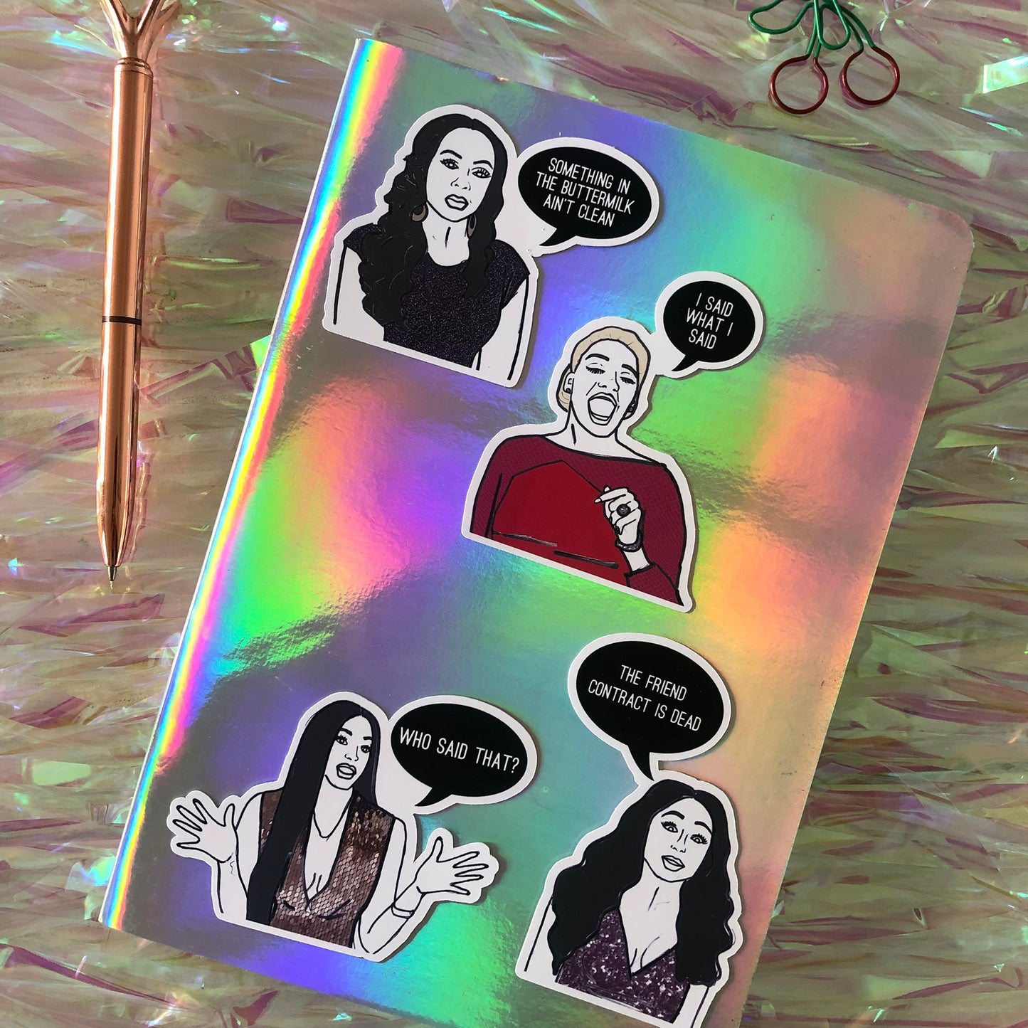 Image shows a fun set of stickers inspired by some of the former real housewives of Atlanta and their most dramatic quotes