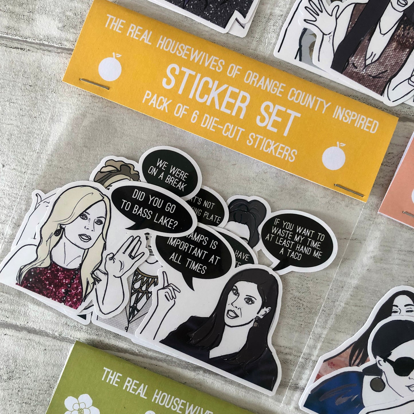Image shows a collection of stickers inspired by the Real housewives of Orange County