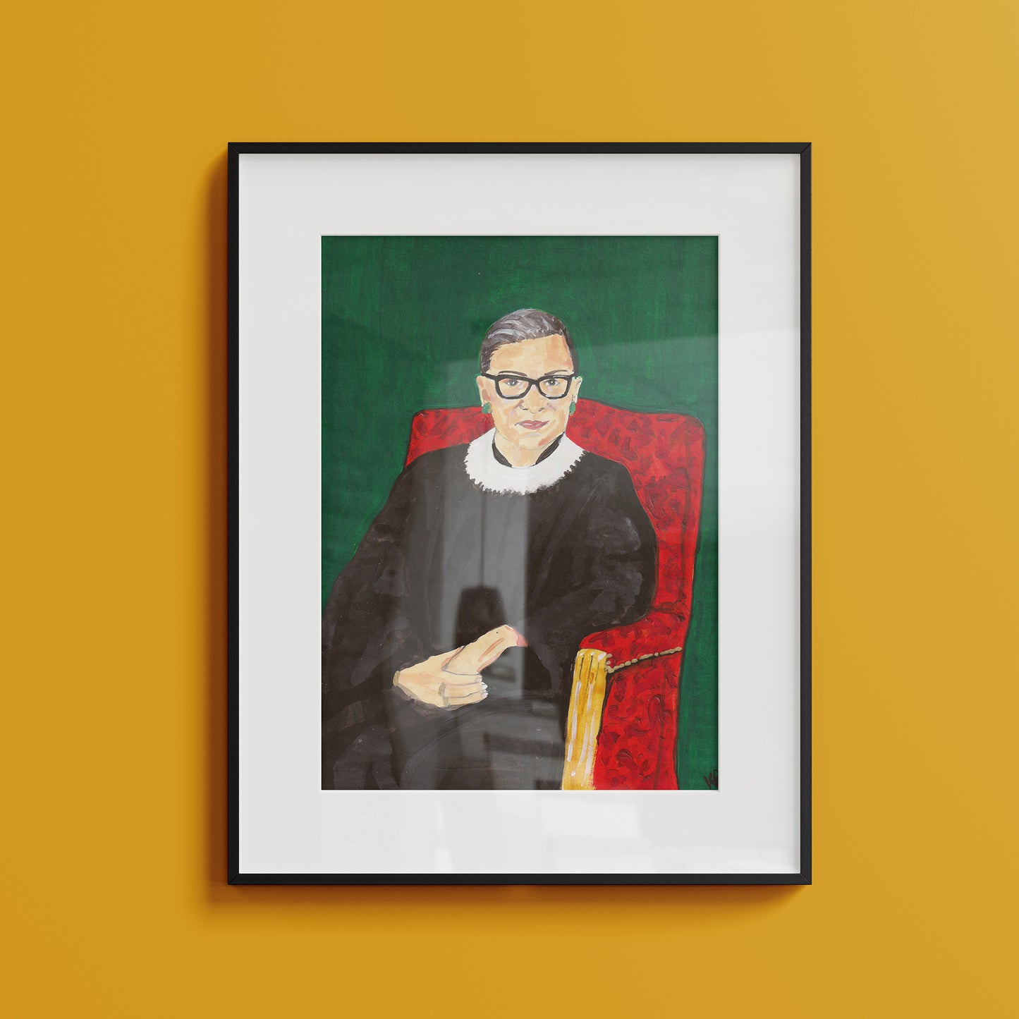 Image of a framed art print of a portrait of Ruth Bader Ginsburg sitting on a red chair with a green background, originally painted in acrylics