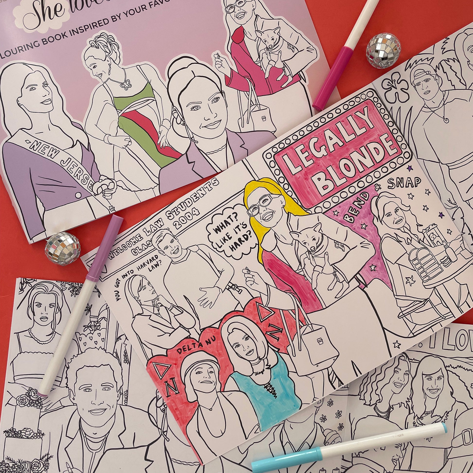 Image shows pages from a colouring book featuring illustrations inspired by 00s rom coms.