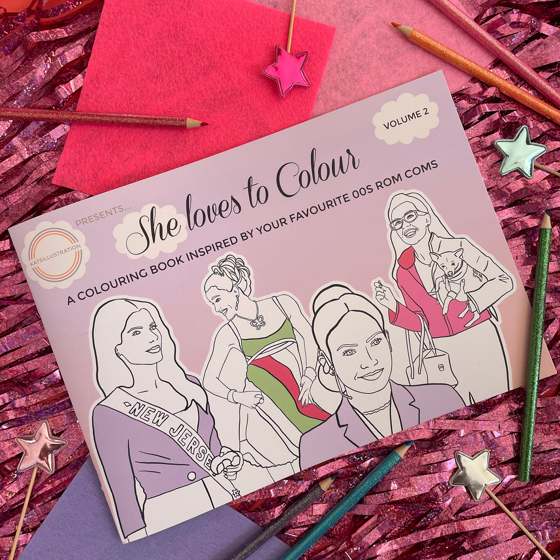 Image shows a pastel hued colouring book featuring illustrations inspired by 00s rom coms.