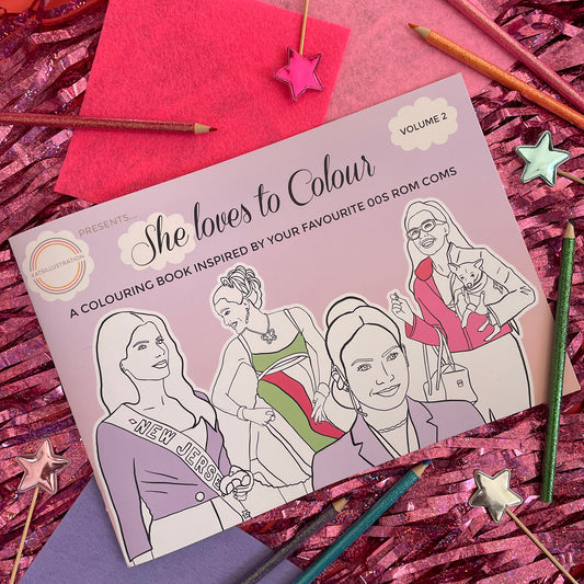 Image shows a pastel hued colouring book featuring illustrations inspired by 00s rom coms.
