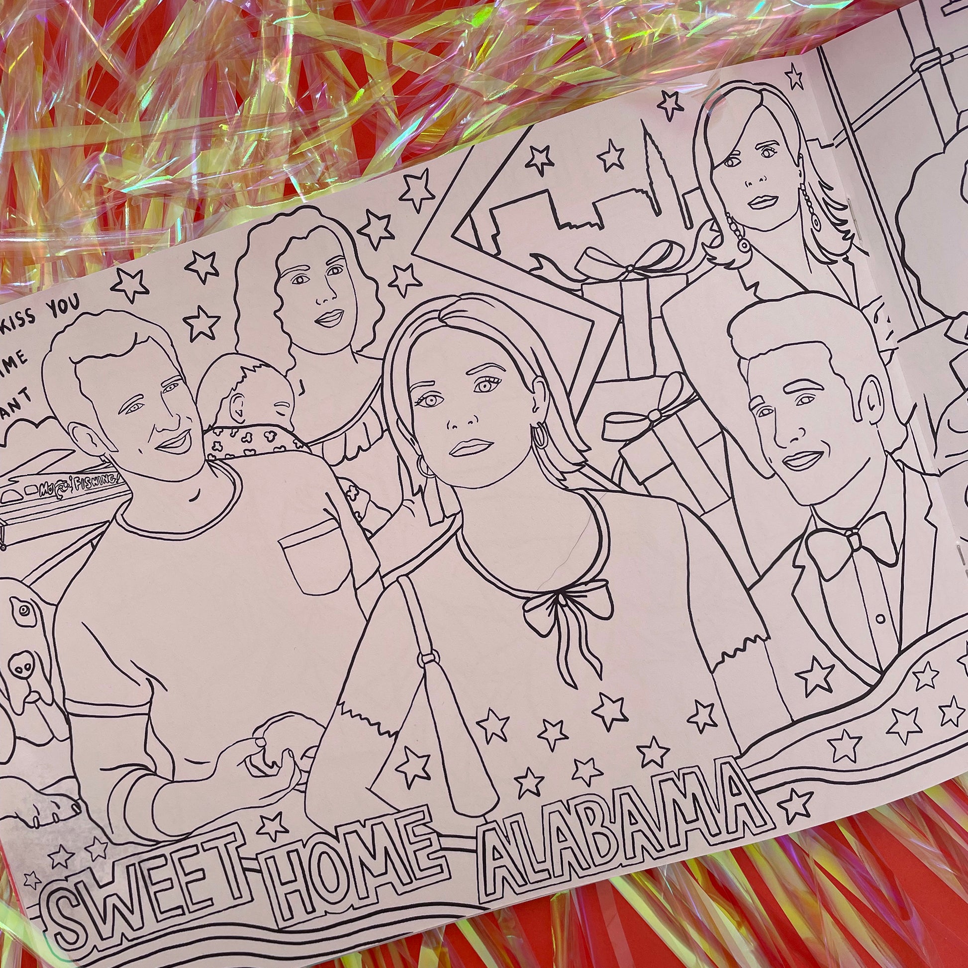 Image shows a page from a colouring book featuring illustrations inspired by 00s rom com Sweet Home Alabama.
