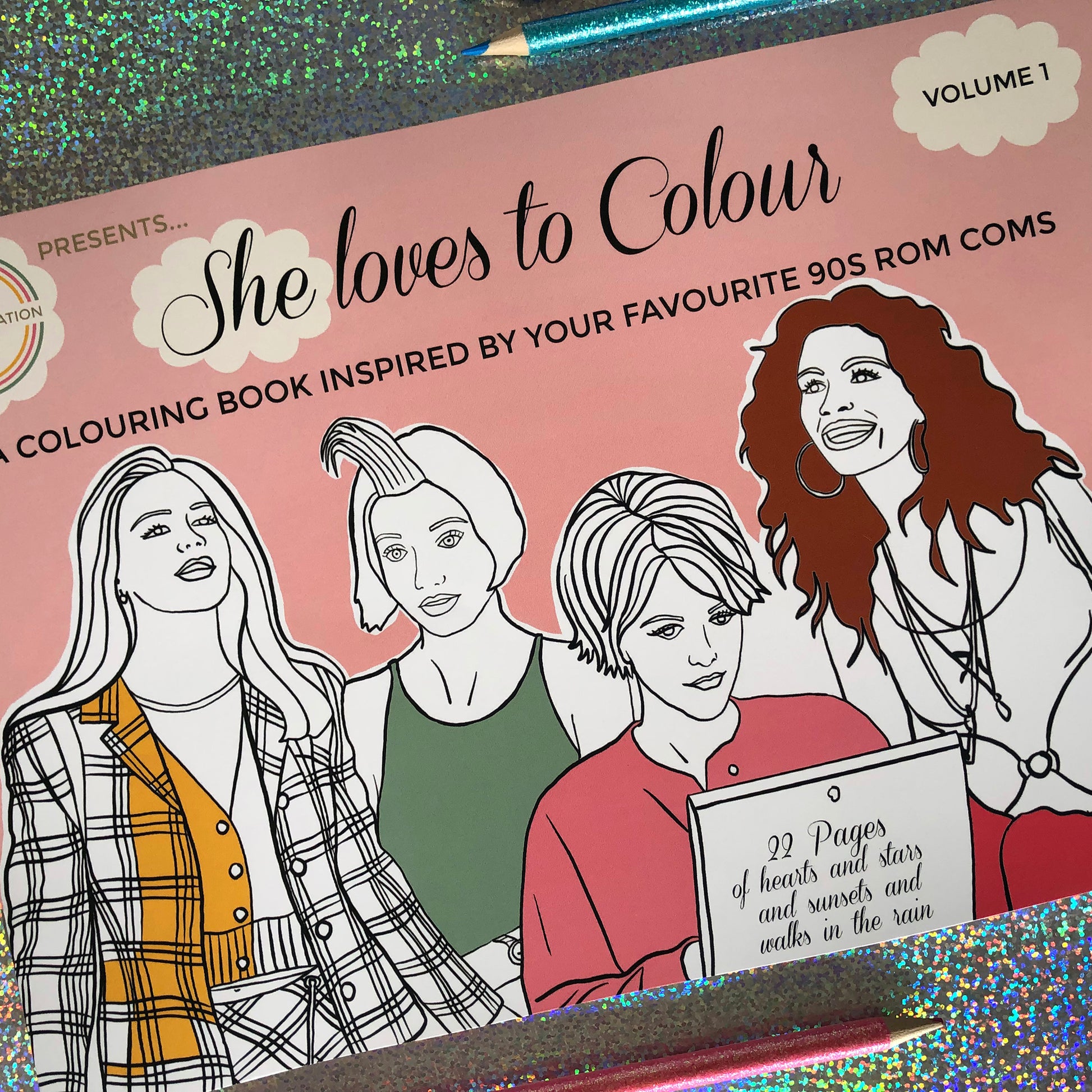 Image shows a colouring book inspired by 90s rom com movies