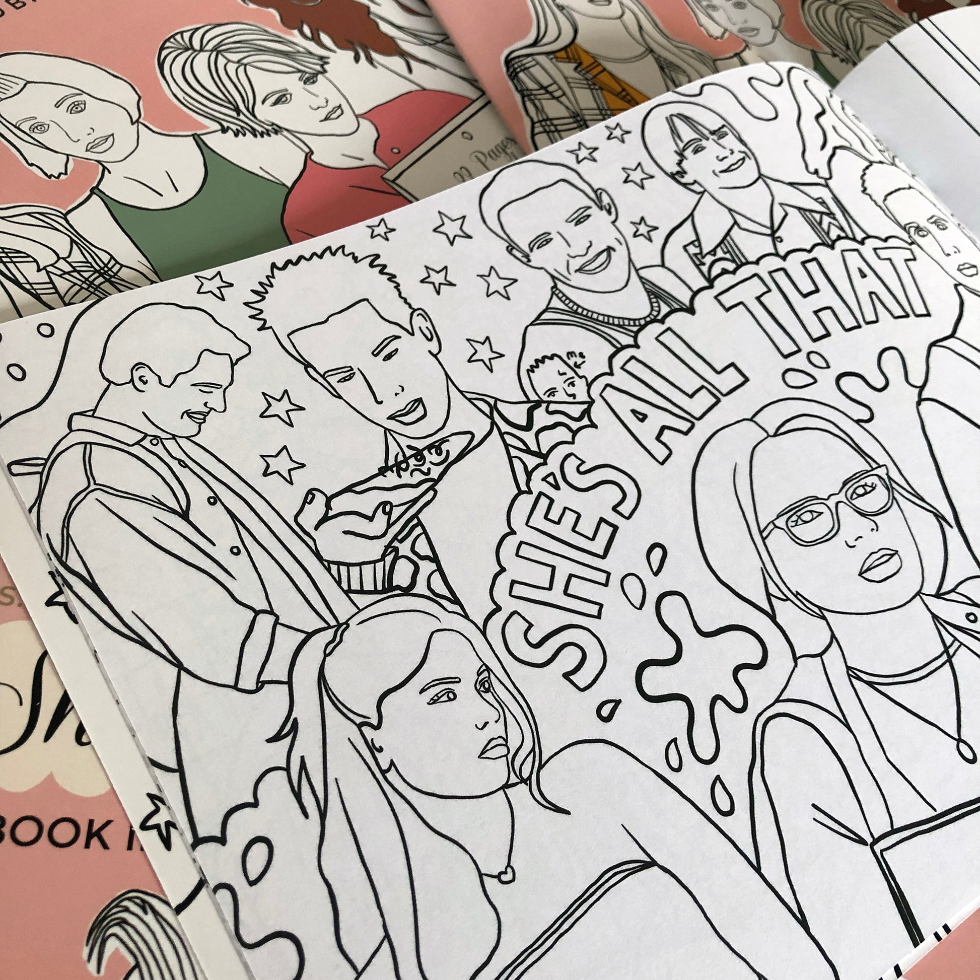 Image shows a colouring page inspired by 90s rom com movie She's All That