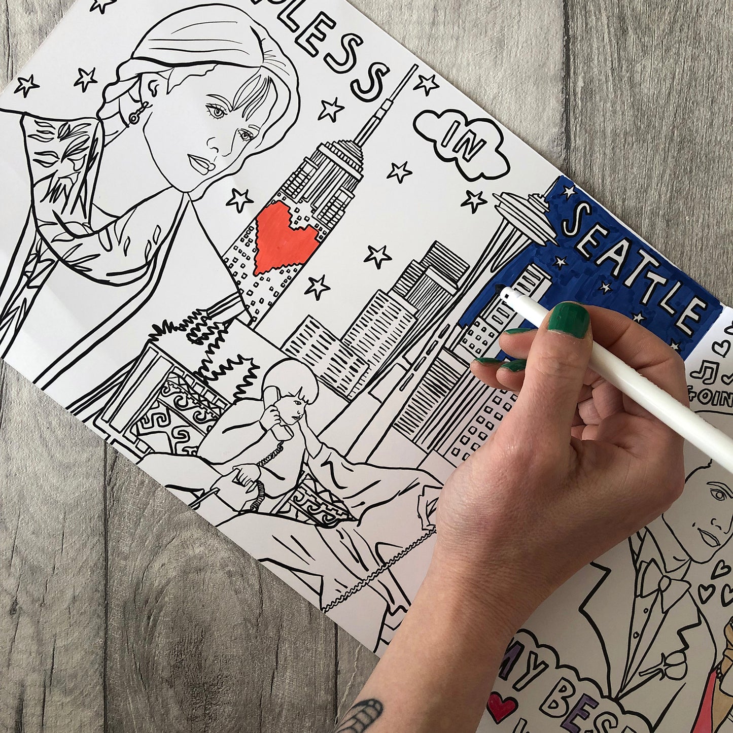 Image shows a colouring page inspired by 90s rom com movie Sleepless in Seattle