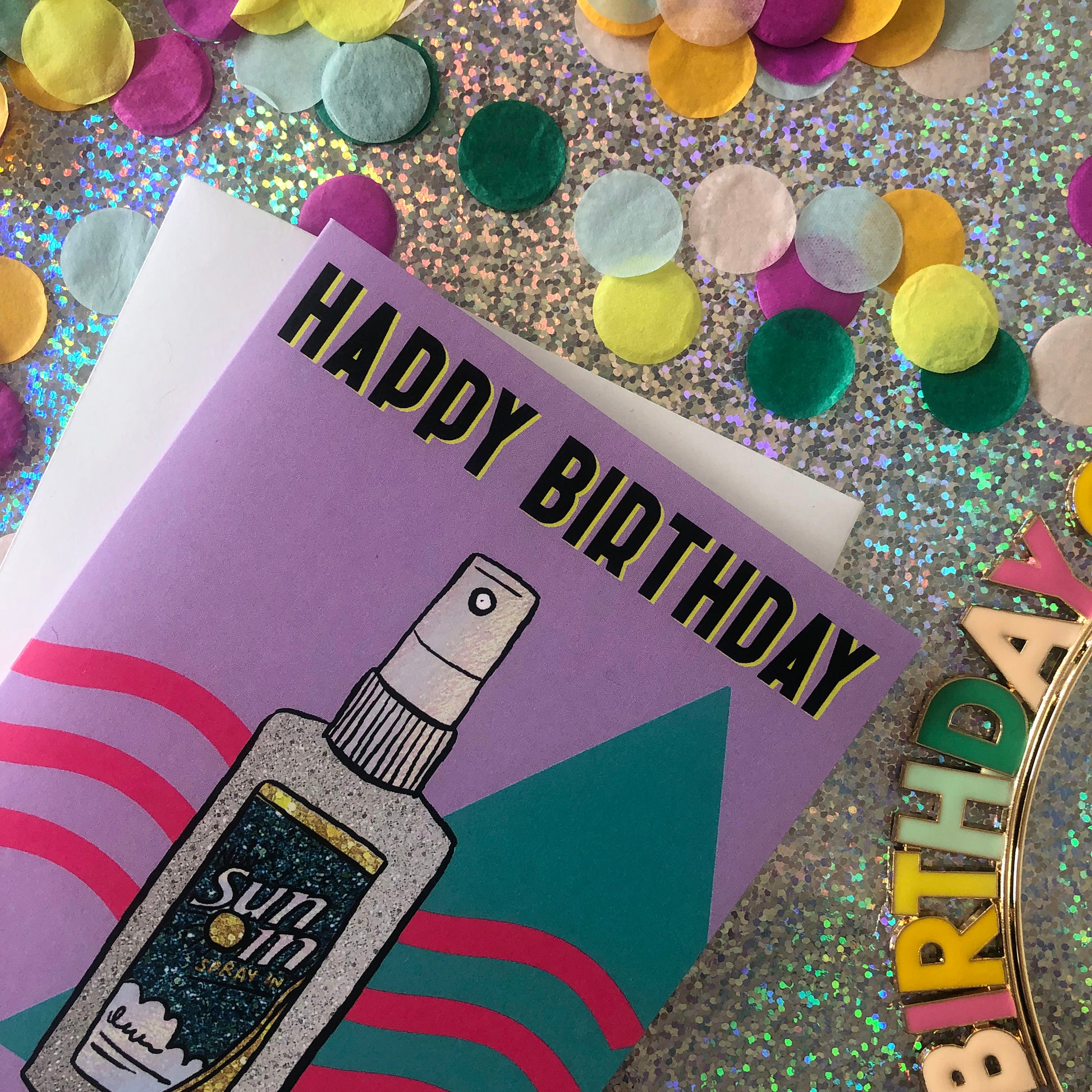 Lilac Birthday Card featuring an illustration of nineties cult beauty product sun in and the pun 'may your day be as bright as your hair was in high school.