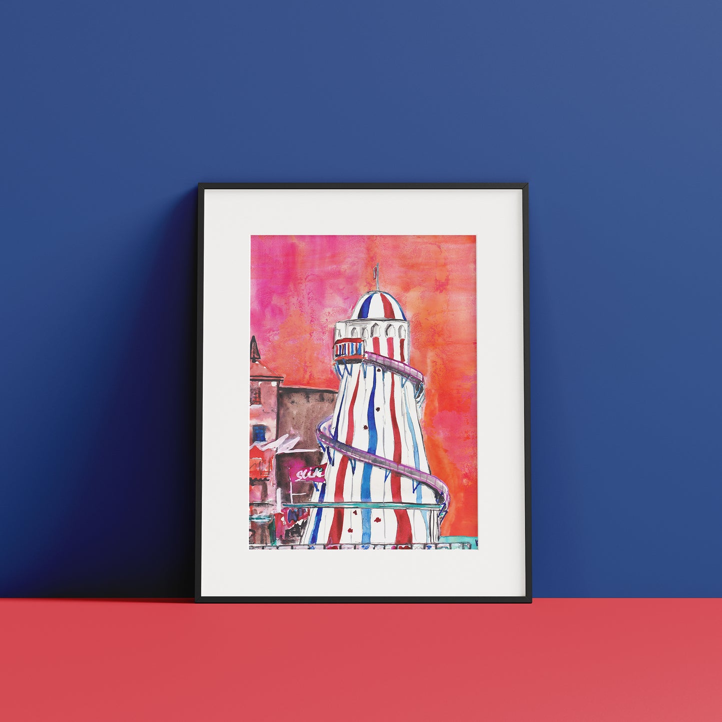 Image of a framed art print of an ink illustration of a British Seaside Helter Skelter with a bright sunset sky
