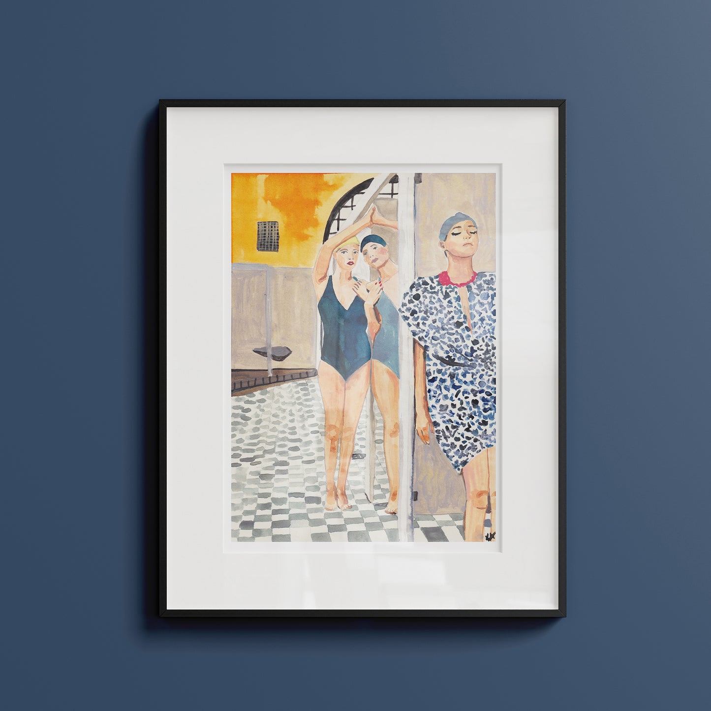 Image shows a framed ink illustration inspired by a vintage bath house image of ladies in swimwear, drawn in blue and yellow inks