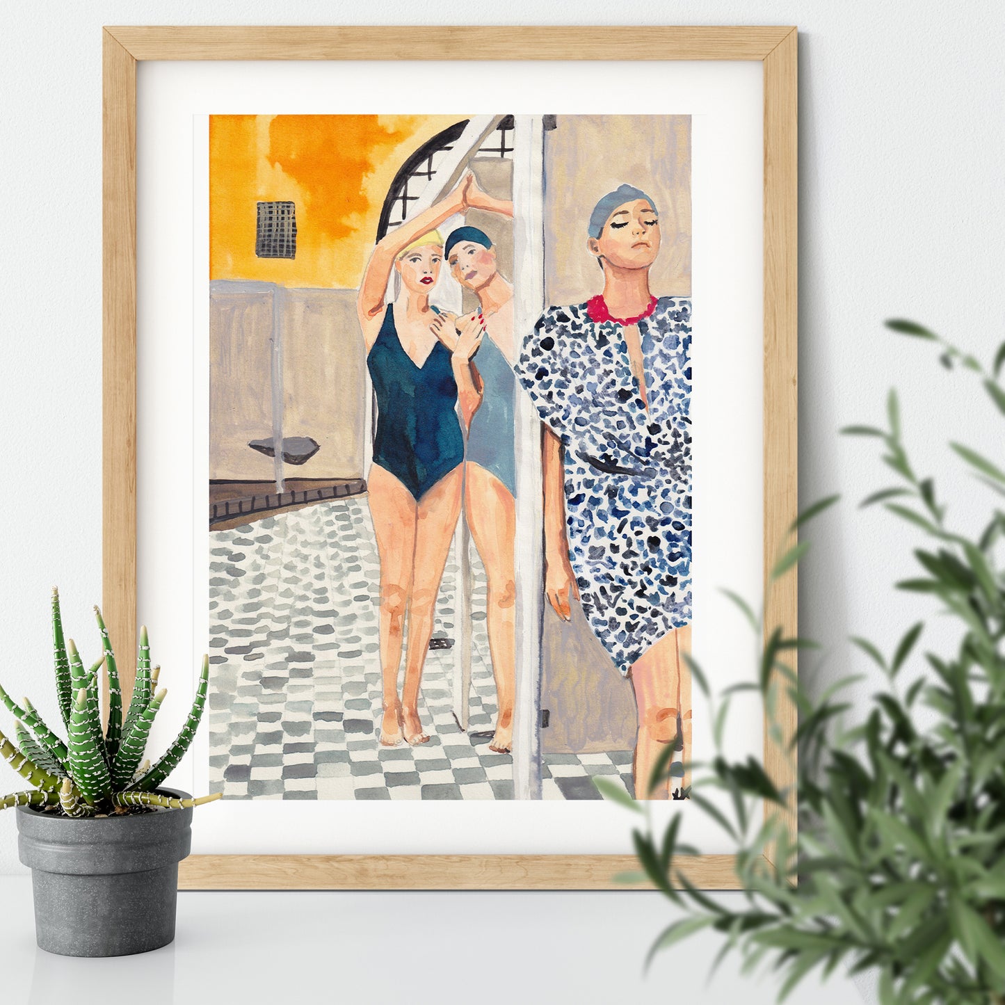 Image shows a framed ink illustration inspired by a vintage bath house image of ladies in swimwear, drawn in blue and yellow inks