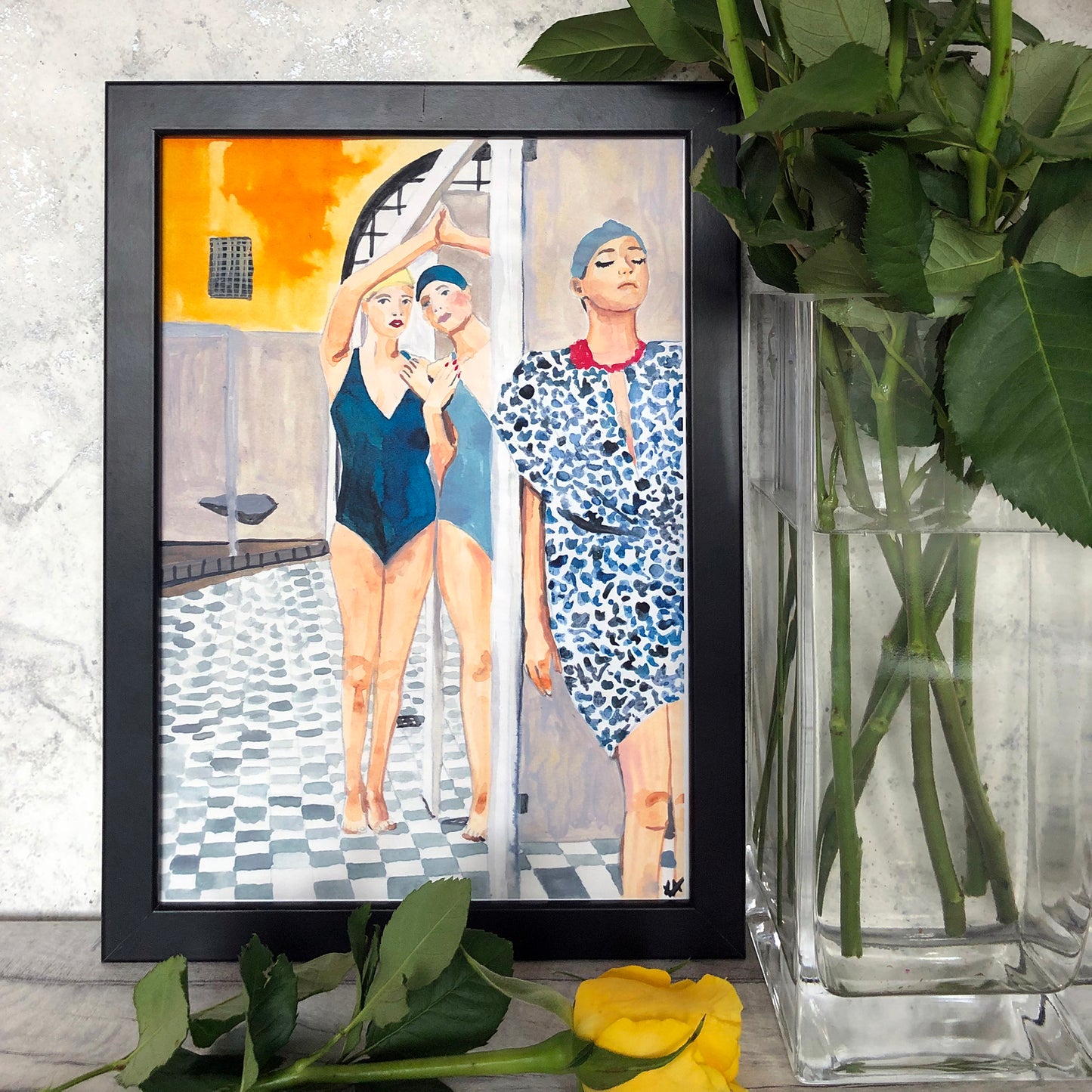 Image shows a framed ink illustration inspired by a vintage bath house image of ladies in swimwear, drawn in blue and yellow inks