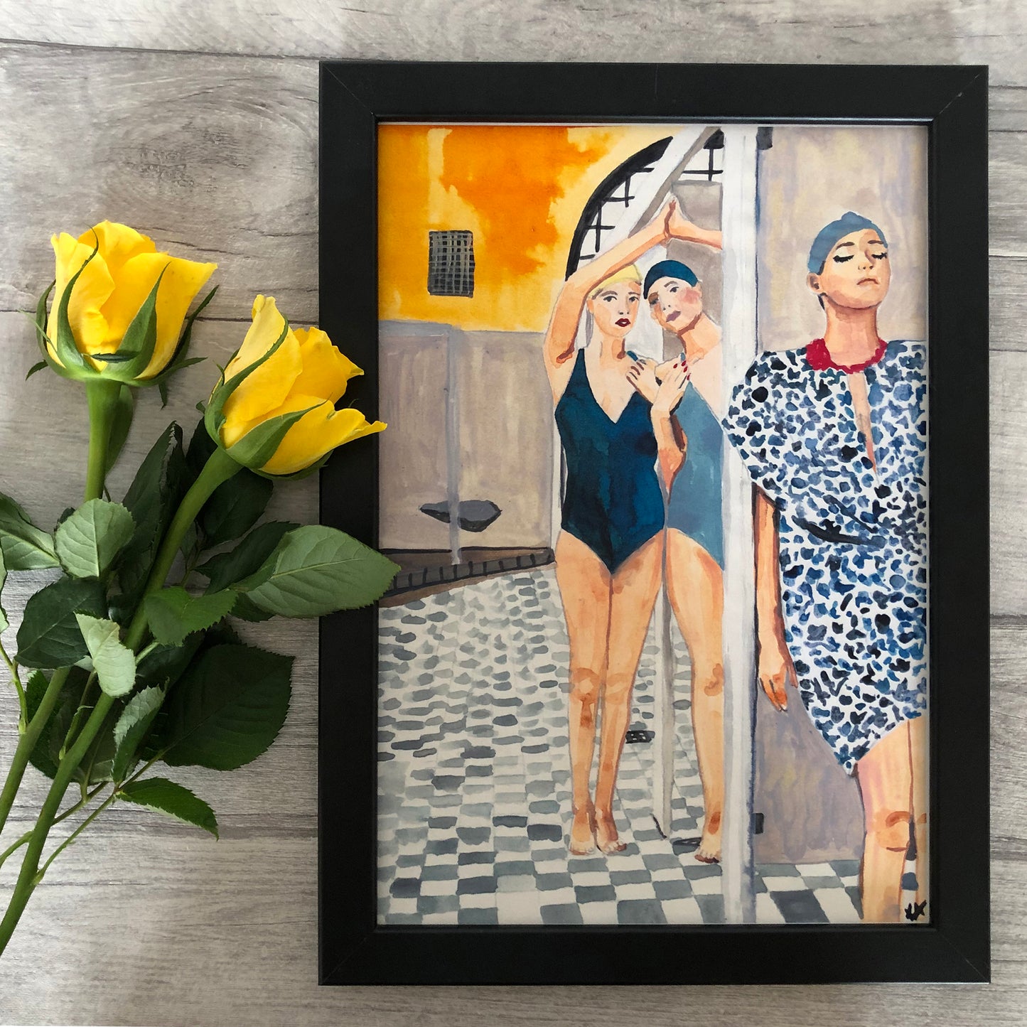 Image shows a framed ink illustration inspired by a vintage bath house image of ladies in swimwear, drawn in blue and yellow inks