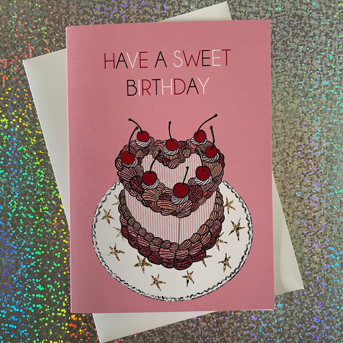 Image of a candy pink birthday card which says Have a Sweet Birthday and features a heart shaped cake with cherries on top