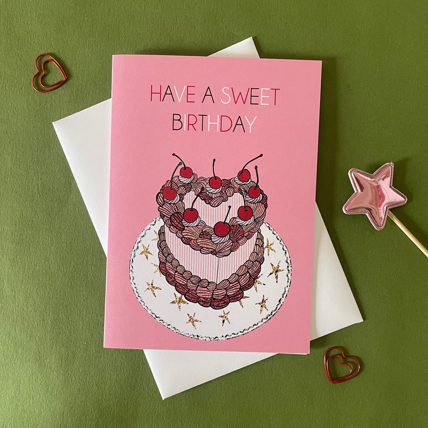Image of a candy pink birthday card which says Have a Sweet Birthday and features a heart shaped cake with cherries on top