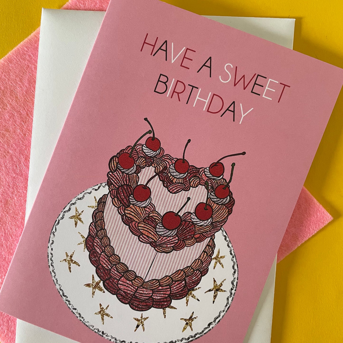 Image of a candy pink birthday card which says Have a Sweet Birthday and features a heart shaped cake with cherries on top