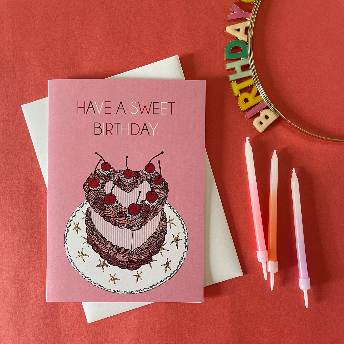 Image of a candy pink birthday card which says Have a Sweet Birthday and features a heart shaped cake with cherries on top