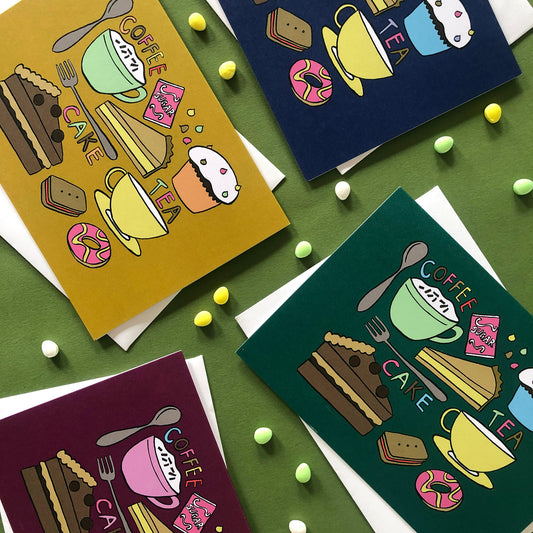 Image shows a set of 4 brightly coloured illustrated notecards featuring delicious tea time treats.