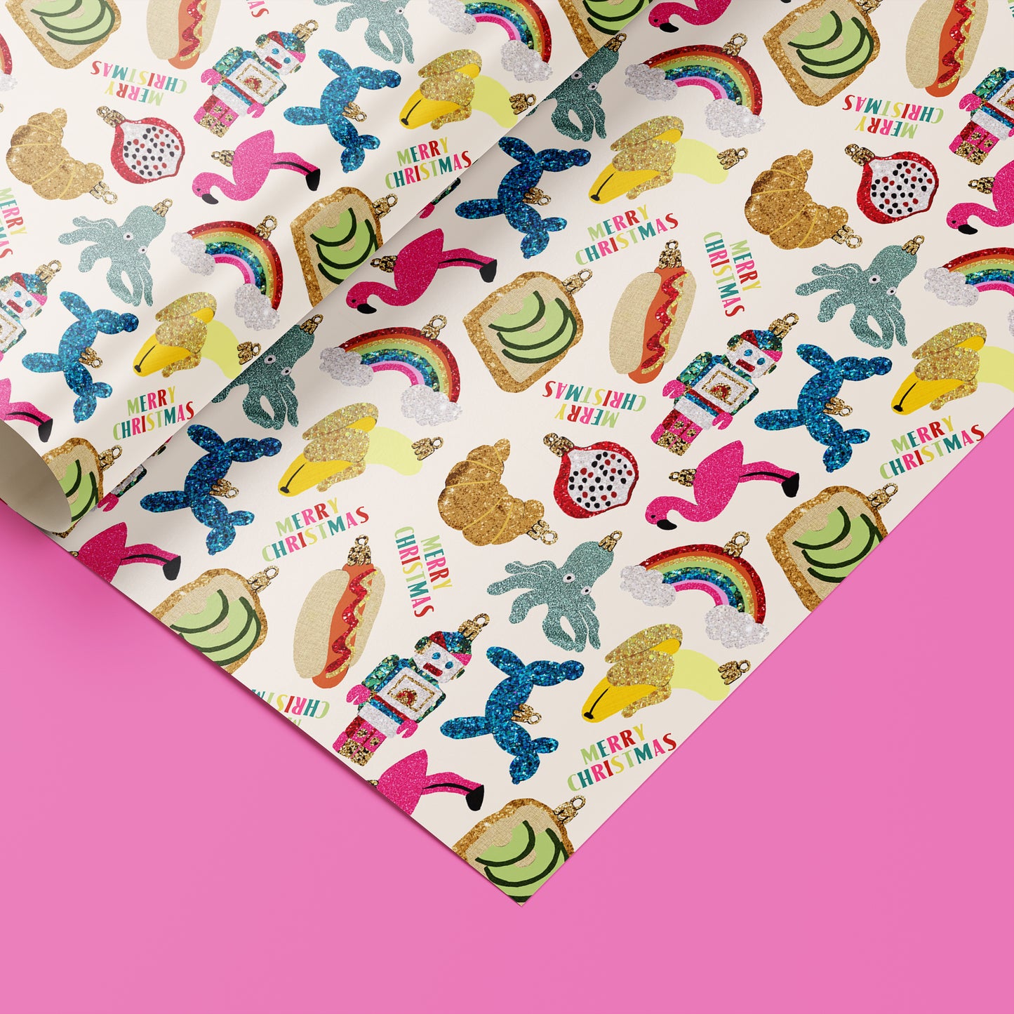 Image shows a gift wrap sheet in a fun trinkets design featuring a quirky bauble pattern.