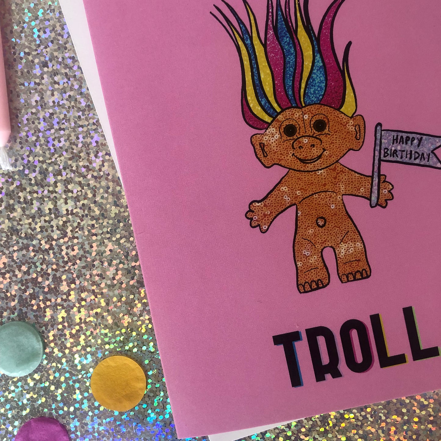 Pink Birthday Card featuring an illustration of a nineties troll doll