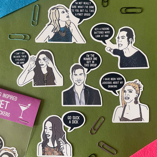 Image shows a collection of stickers inspired by the OG cast of reality tv show Vanderpump Rules