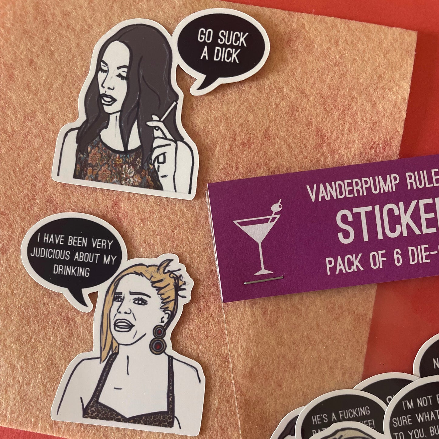 Image shows a collection of stickers inspired by the OG cast of reality tv show Vanderpump Rules