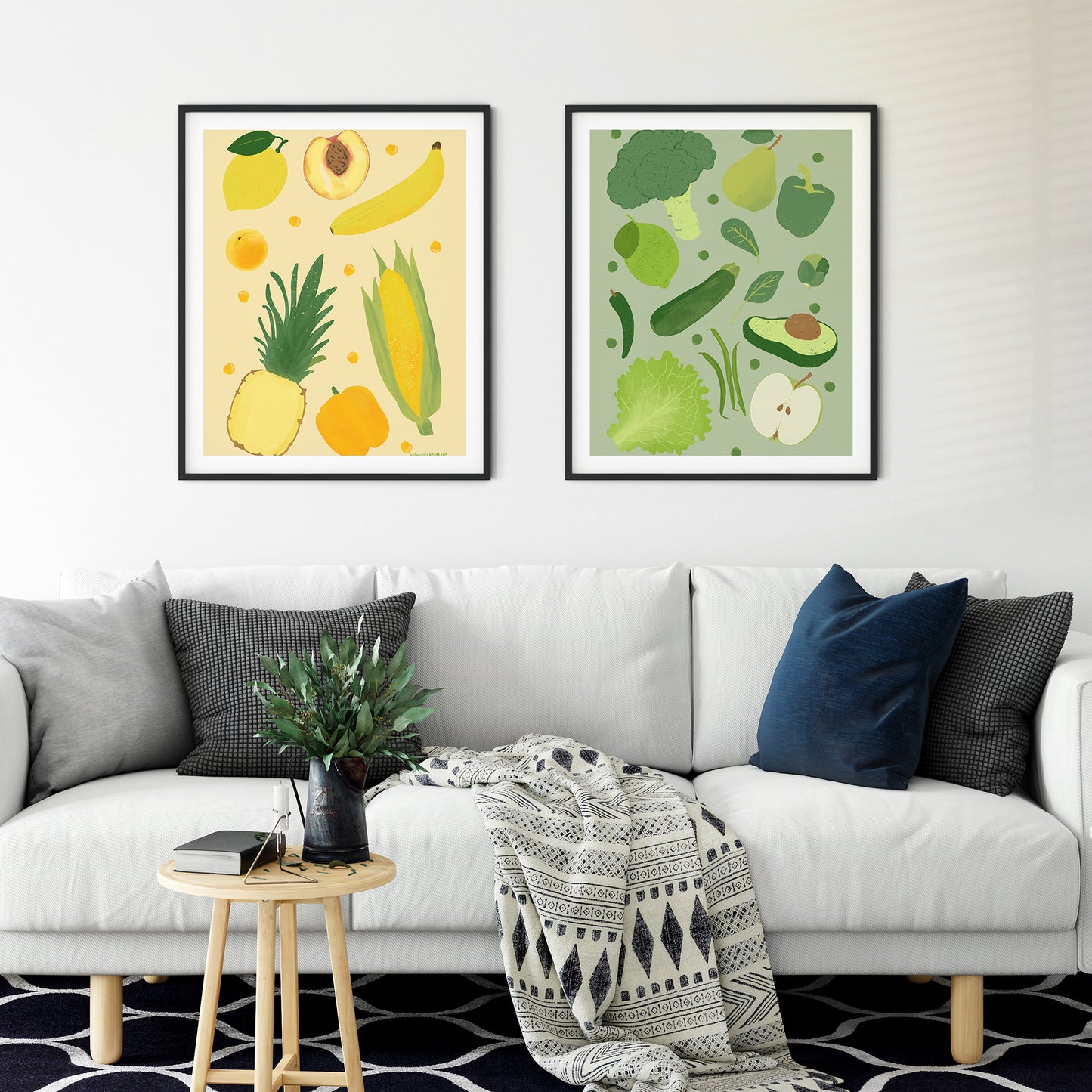 Image of a framed art print of green fruit and vegetables on a green background.