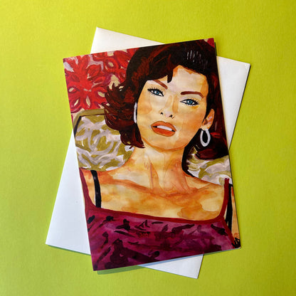 Greeting card with a stylized portrait of a woman on a green background