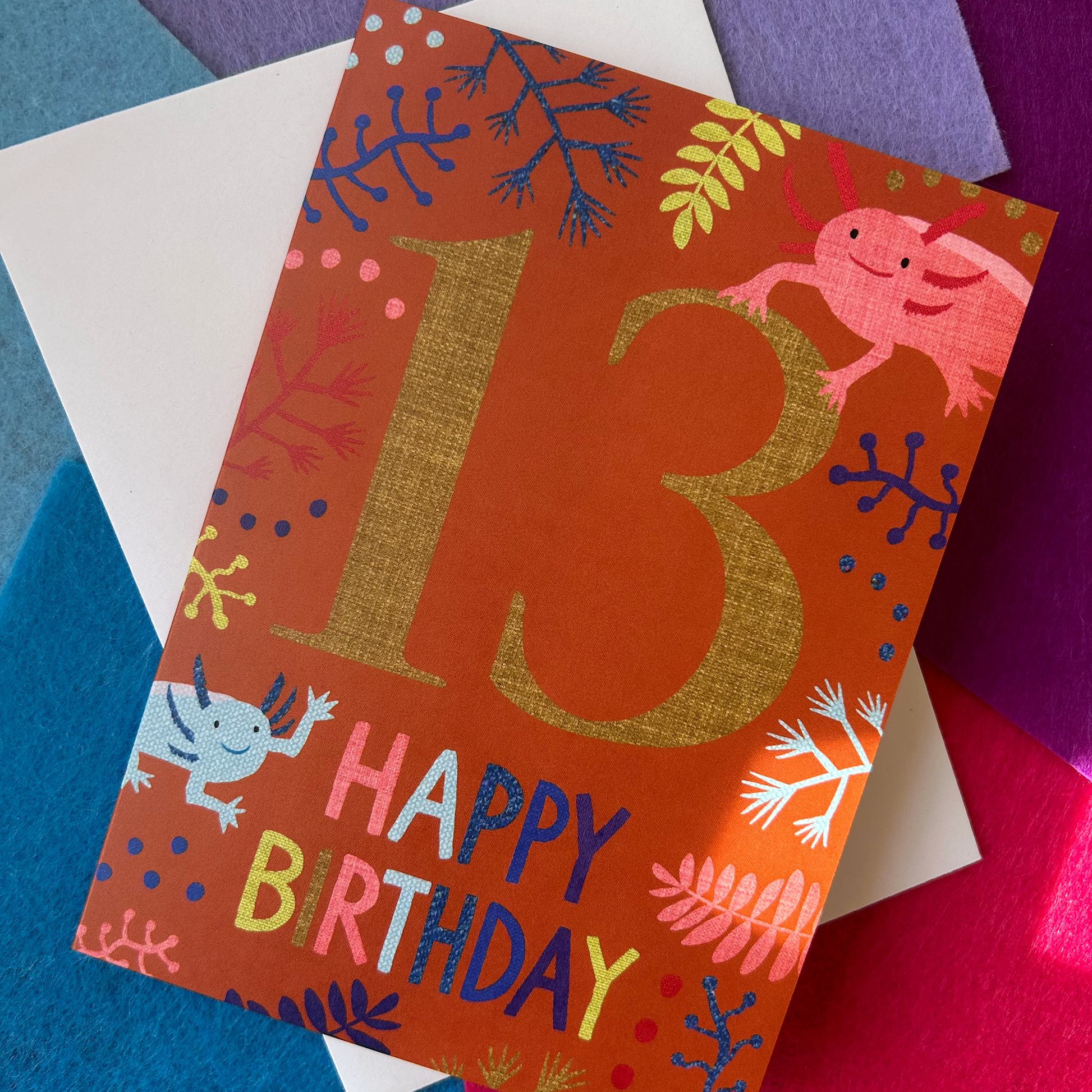 Birthday card with number 13 and 'Happy Birthday' text on a colourful background
